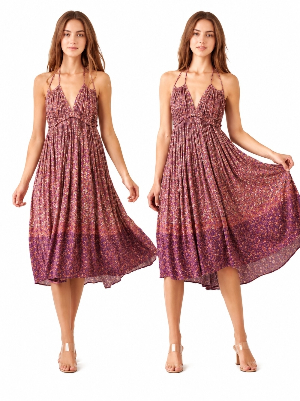 Storia Mauve and Purple Boho Halter Midi Dress